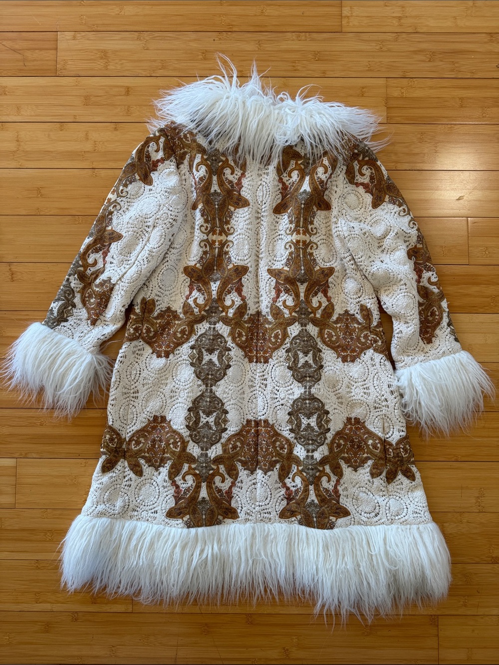 Soft Surroundings Cream and Brown Brocade Coat with Faux Fur Trim - Picture 7 of 8